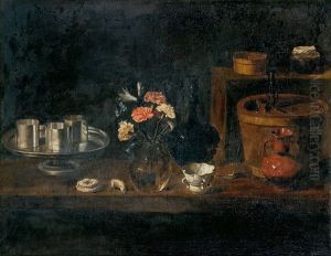 Bodegon Con Jarron De Claveles Y Cacharros De Cocina by Juan de Zurbaran