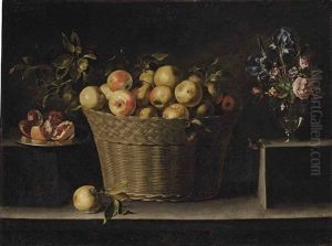 Apples In A Wicker Basket, An Opened Pomegranate On A Silver Plate And Roses, Irises And Other Flowers In A Glass Vase, On A Stone Ledge by Juan de Zurbaran