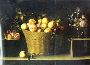 Apples In A Wicker Basket With Pomegranates On A Silver Plate And Flowers In A Glass Vase On A Stone Ledge by Juan de Zurbaran