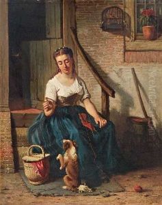 Junge Frau Mit Strickzeug, Einen Kleinen Hund Futternd