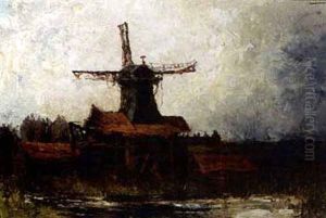 A Windmill In A Polder Landscape by Frederik Willem Zurcher
