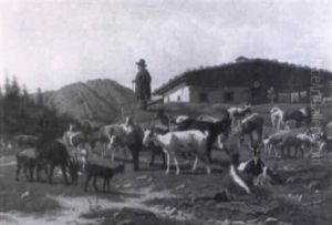 Auf Der Geisenalm Steht Der Ziegenhirte Vor Der Hutte by Josef Zuernich