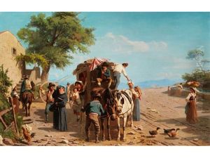 Pferdekutsche Mit Passagieren An Einer Suditalienischen Taverne