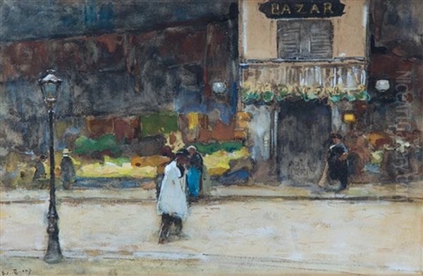 Figures Strolling Near A Bazar - view 1