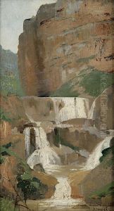 Style Of Pierre Andre Brouillet Rocky Waterfall Landscape Oil On Canvas, 32.5 X 17.5cm Signed by Pierre Andre Brouillet