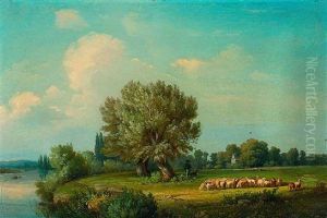 Schafherde Vor Flusslandschaft by Heinrich Zwecker
