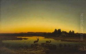 Hirsche In Abendlicher Moorlandschaft by Anton Zwengauer the Elder