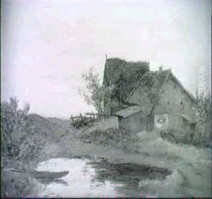 Bauernhauser Am Teich Bei Sonnenuntergang