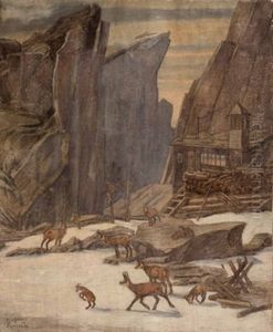 Gamsen Bei Einer Schutzhutte Im Hochgebirge by Hubert Von Zwickle