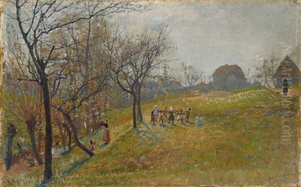 Fruhlingslandschaft Mit Spielenden Kindern - view 1