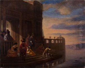 Vielfigurige Szene Am Bootsanlegeplatz Eines Palastes by Gerard Pietersz van Zyl