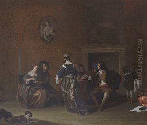 An Elegant Company Courting And Making Music In An Interior, With A Servant Pouring Wine In The Background And Two Dogs In The Foreground An Elegant Company Courting And Making Music In An Interior, With A Servant Pouring Wine In The Background And Two Dogs In The Foreground