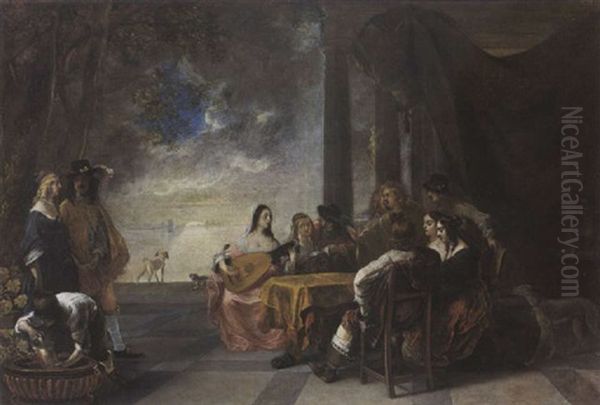 An Elegant Company Making Music On A Terrace At Night, With A Lake Beyond - view 1