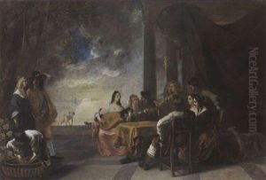 An Elegant Company Making Music On A Terrace At Night, With A Lake Beyond by Gerard Pietersz van Zyl