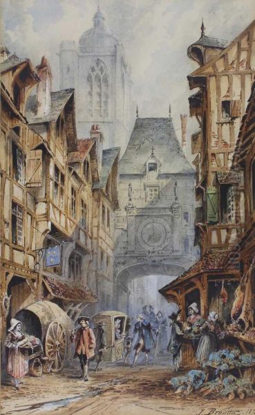 Belebte Franzosische Altstadt Mit Fachwerkhausern, Im Hintergrund Ein Kirchturm - view 1