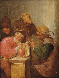 Four Peasants Drinking And Smoking In An Interior 
 Oil On Panel