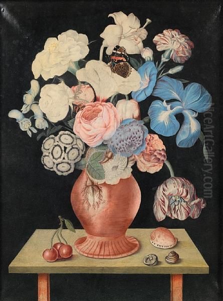 Roses, An Iris, Lilies And Other Flowers In Avase With Cherries And Shells On A Table-top - view 1