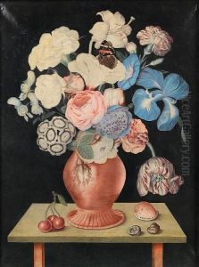 Roses, An Iris, Lilies And Other Flowers In Avase With Cherries And Shells On A Table-top by E. Brown
