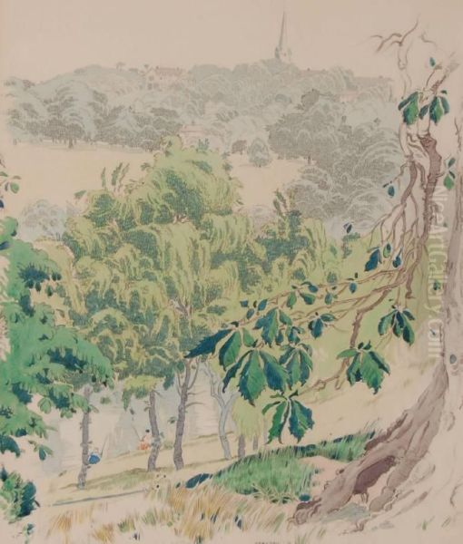 Extensive Wooded Landscape With Fishermen On A River Bank - view 1