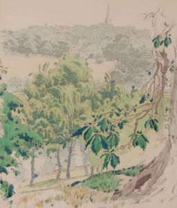 Extensive Wooded Landscape With Fishermen On A River Bank by F. Gregory Brown
