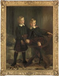 Double Portrait Of Alex And Denys Tulloch, Full-length, Intraditional Scottish Dress, In An Interior by Henry Harris Brown