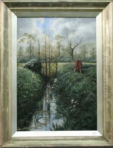 Paisaje Con Vaca Pastando Junto A Un Arroyo" by J.J. Brown