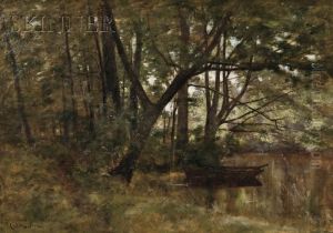 View Of A Rowboat On A Wooded Lake Shore by John Appleton Brown