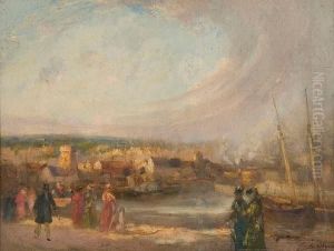 Figures Promenading Beside The Harbour,swansea by Joseph Brown