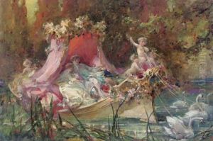 A Lovers' Barge Drawn By Swans by Maynard Brown