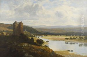 A Highland River Landscape With Tower by William Beattie Brown