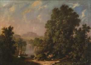 Peasants By A Fire In A Woodland River Landscape