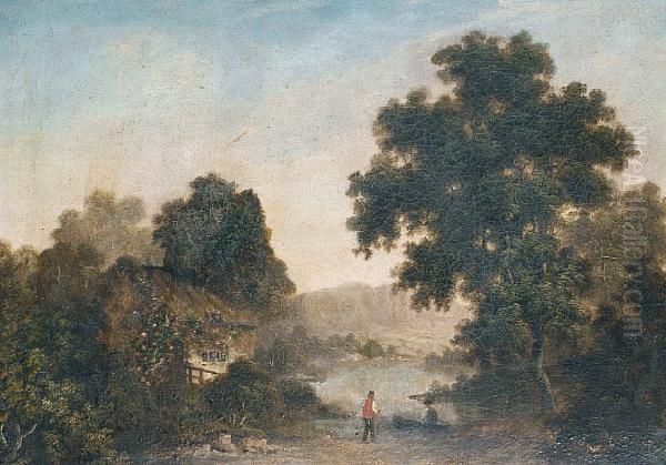 Figures Beside A Rustic Cottage - view 1