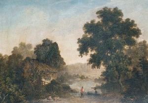 Figures Beside A Rustic Cottage by Woodley Brown