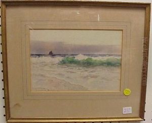 Marine Scene With Crashing Waves, Three Masted Ship In Distance by Alfred J. Warne Browne