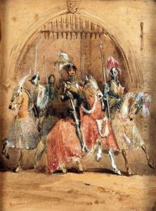 Heightened With White Knights On Horseback In A Castle Gateway