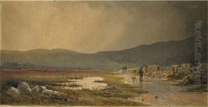 Watercolour, "shepherd Drovingsheep", Signed - Unframed