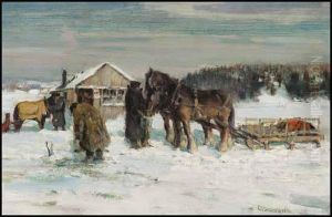 Winter, Feeding The Horses / Landscape (verso) by Peleg Franklin Brownell