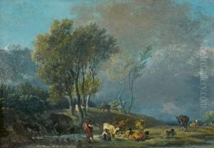 Bergers Et Leur Troupeau Dans Un Paysage by Lazare Bruandet