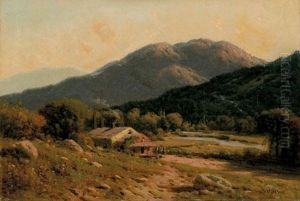 Figures Bya Cottage In A Mountain Landscape by William Bruce