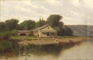 House By Theriver With Figures And Canoes