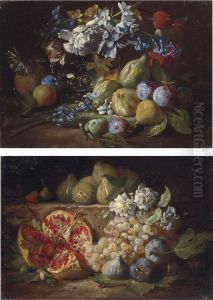 Breughel Roses, Tulips, Daffodils And Other Flowers In A Glass Vase, With Figs, Plums And Pears by Abraham Brueghel