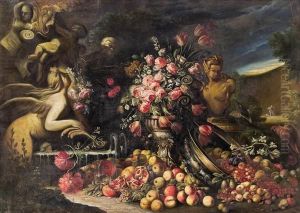 Stillleben Mit Fruchten, Blumen Und Steinfiguren by Abraham Brueghel