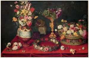 Nature Morte, Fruits, Fleurs Et Singe by Ambrosius Brueghel