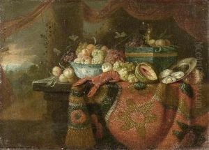 Still Life With Fruits, Oysters And Lobster On A Table Before A Landscape by Jan Baptist Brueghel