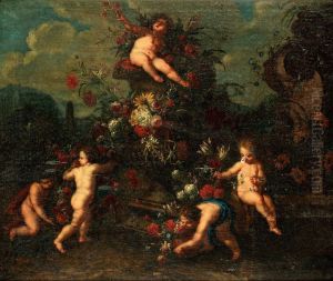 Hans Krets Lekande Putti Vid Blomsterurnor by Jan Baptist Brueghel