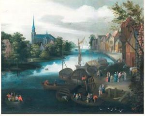 Scene De Village Au Bord D'un Canal by Jan Baptist Brueghel