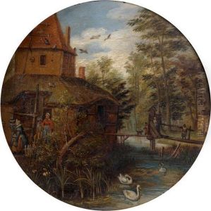 Paysans Devant Une Chaumiere En Bord De Riviere by Jan The Elder Brueghel