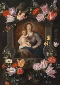 The Virgin And Child Surrounded By A Floral Cartouche