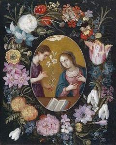 Annunication To The Virgin Within A Wreath Of Flowers