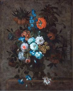 Iris, Garofani, Campanule, Rose E Altri Fiori In Un Vaso Su Un Piano by Jan Peeter Brueghel